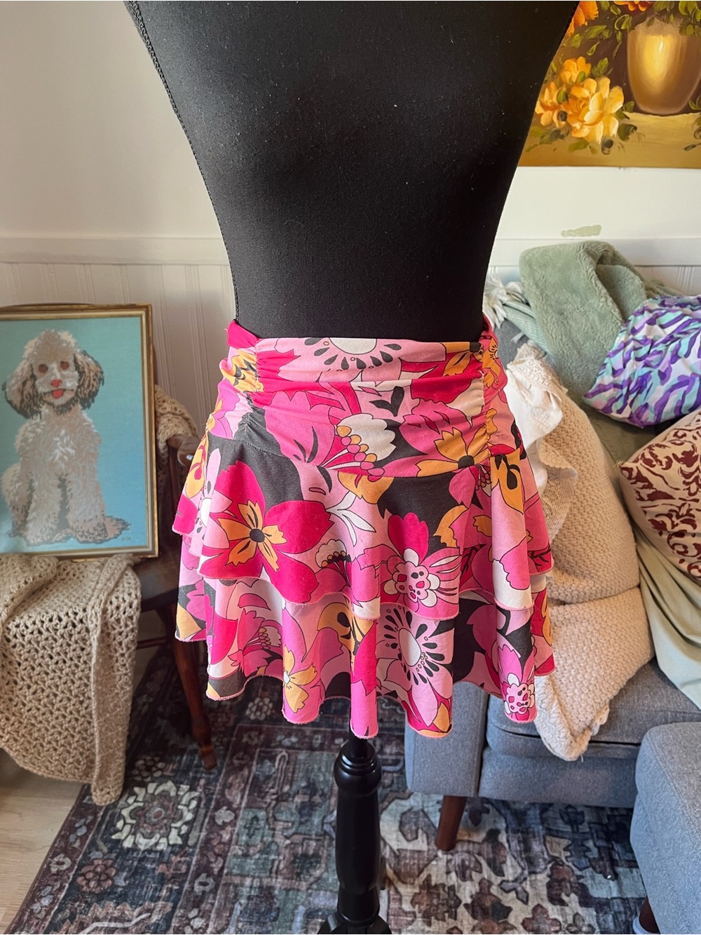 Women’s Y2K Vintage Floral Pink Ruffle Mini Skirt Stretchy M 30”W